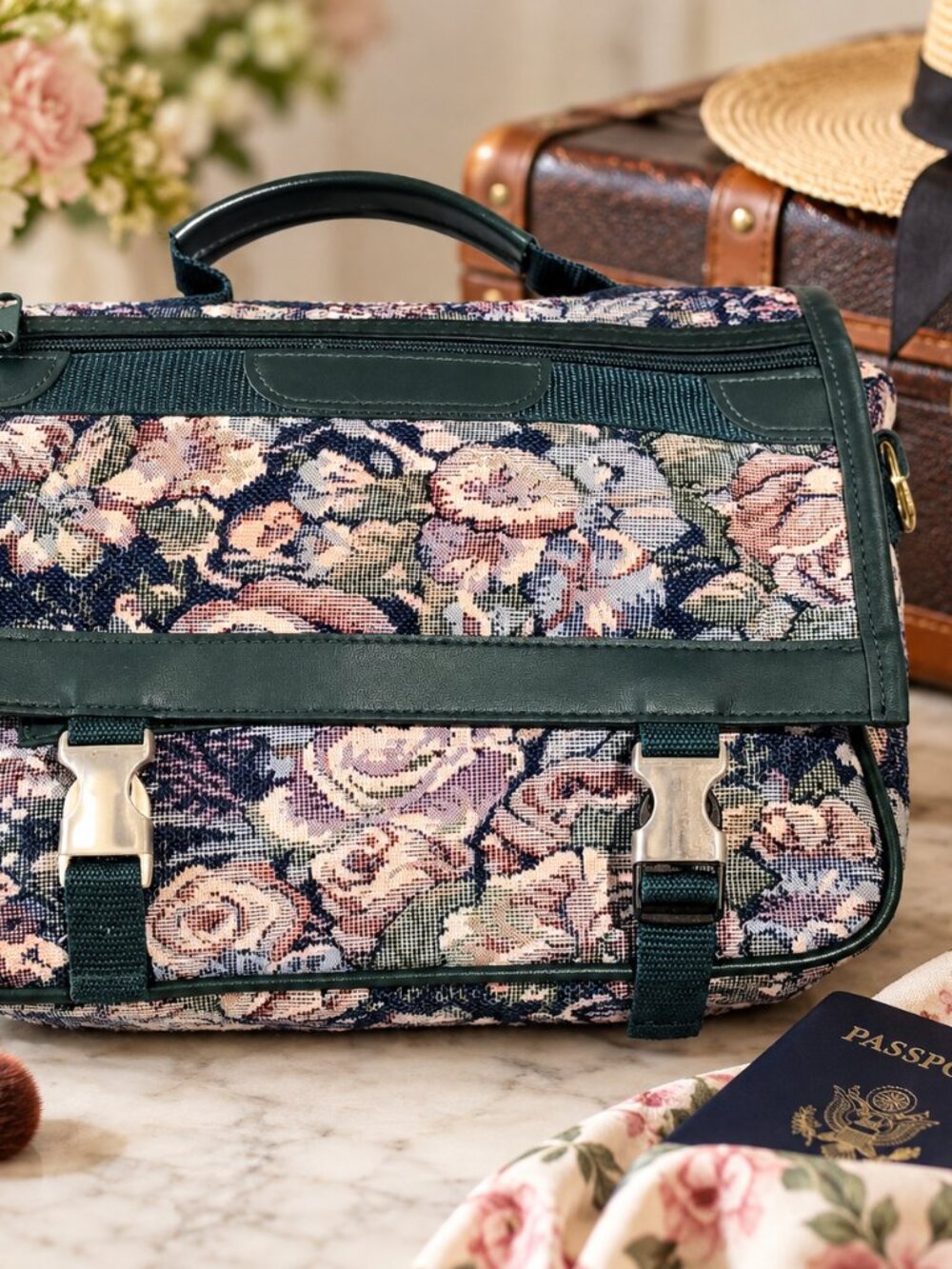 Vintage Tapestry Floral Train Case Makeup Toiletry Organizer Travel Bag